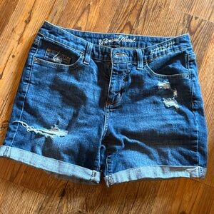 Distressed dark wash jean shorts